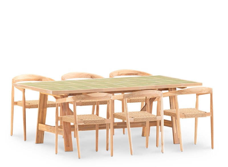 Set da pranzo da giardino 6 posti con tavolo in ceramica verde chiaro 200×100 e poltroncina impilabile – Ceramik & Modena