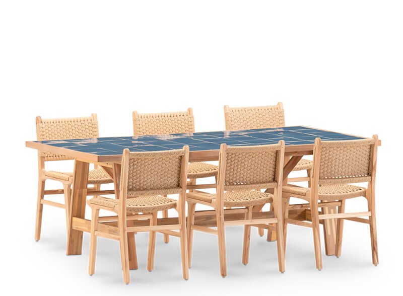 Conjunto de jantar de jardim de 6 lugares com mesa de cerâmica azul 200×100 – Ceramik & Modena
