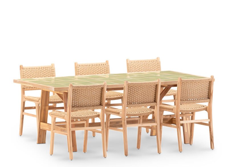 Conjunto de jantar de jardim 6 lugares mesa de cerâmica verde clara 200×100 – Ceramik & Modena