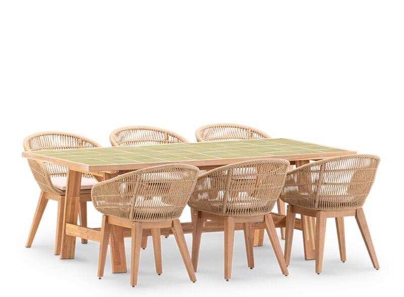 Conjunto de jantar com jardim de 6 lugares com mesa de cerâmica verde clara 200×100 – Ceramik & Sicilia
