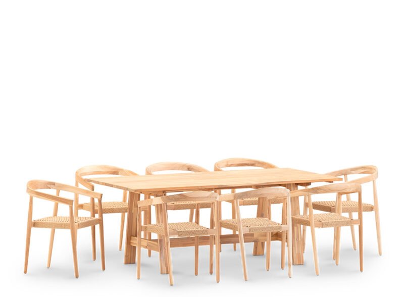 Garten-Essgarnitur 8-Sitzer-Holztisch 200×100 mit stapelbarem Sessel – Java & Modena