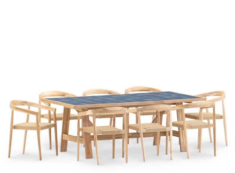 Set comedor jardín 8 plazas mesa cerámica azul 205×105 – Ceramik & Modena