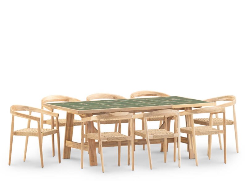 Set comedor jardín 8 plazas mesa cerámica verde 205×105 – Ceramik & Modena