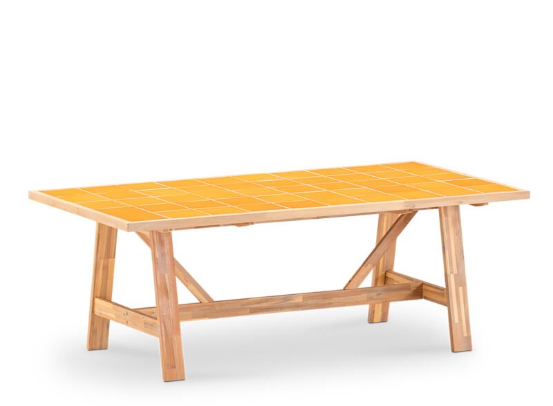 Garden dining table 200×100 in wood and mustard ceramics – Ceramik