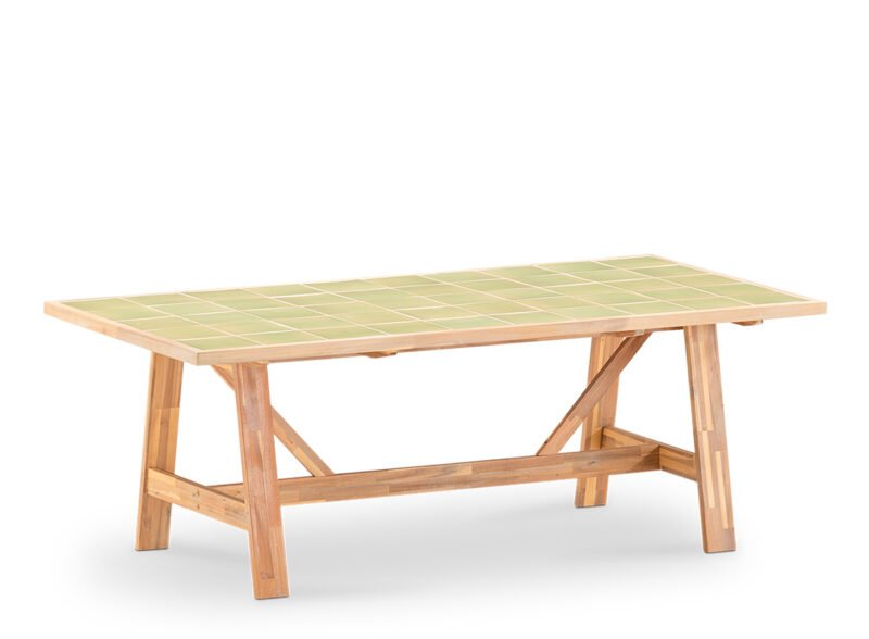 Garden dining table 200×100 in wood and light green ceramic – Ceramik