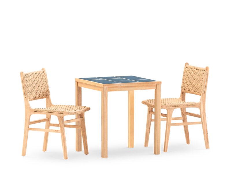 2-Sitzer-Garten-Essgarnitur mit blauem Keramiktisch 65×65 – Ceramik & Modena