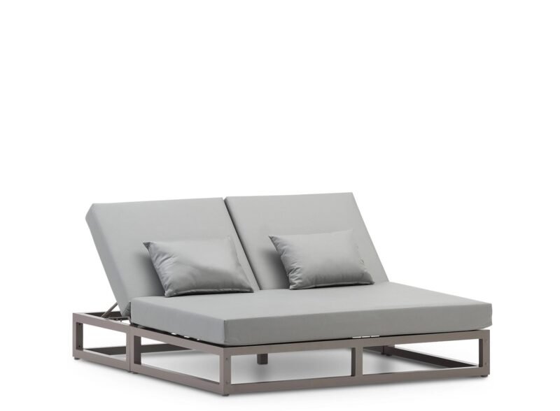 Balinese double taupé bed and grey cushions – Balinese