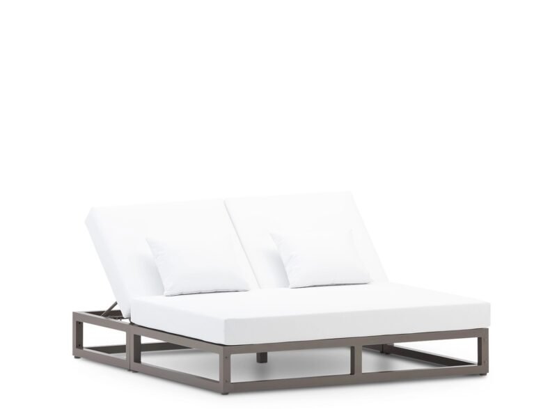 Balinese double taupé bed and white cushions – Balinese