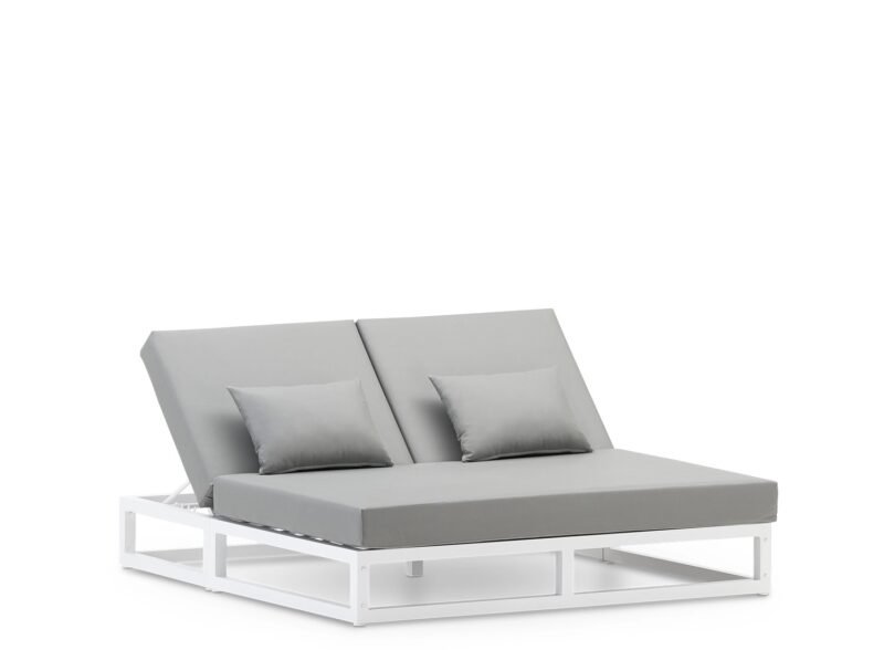 White Balinese double bed with grey cushions – Balinese