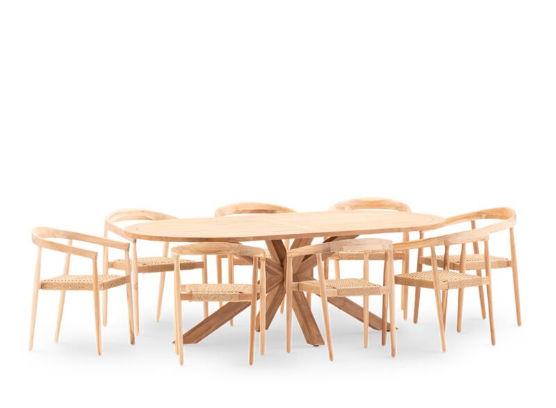 8-Sitzer-Garten-Essgarnitur ovaler Tisch 220×115 mit stapelbarem Sessel – Riviera & Modena