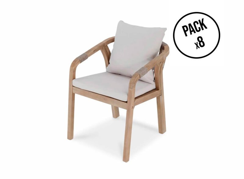 Lot de 8 chaises en bois et corde avec coussins beiges – Riviera