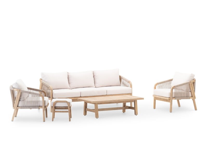 5-Sitzer-Gartenveranda-Set mit Holzhocker und beigefarbenem Seil – Riviera