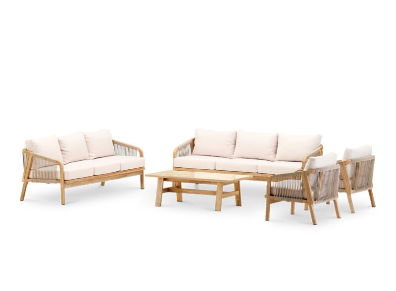 Ensemble de 8 places de table de jardin porche en céramique beige 125×65 – Ceramik & Riviera