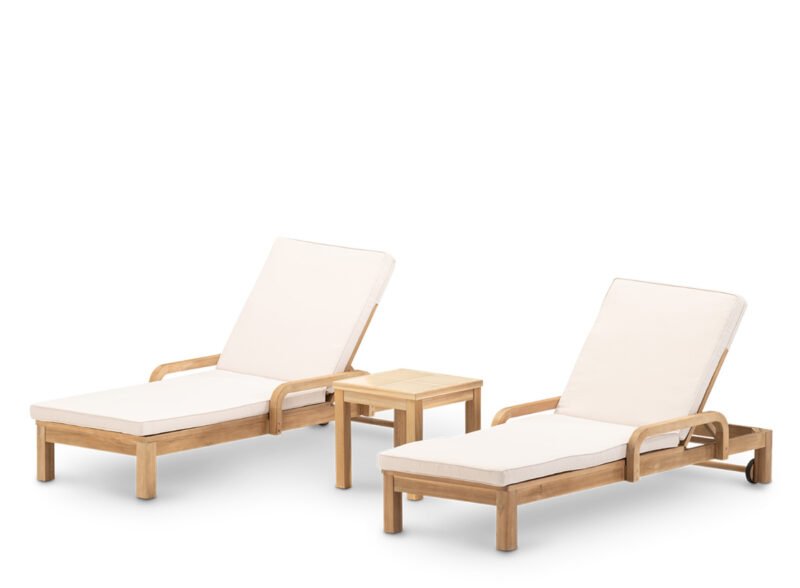 Set of 2 sun loungers and beige ceramic coffee table 45×45 – Riviera & Ceramik