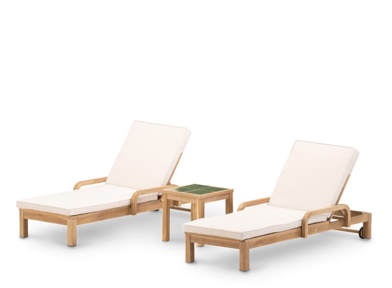 Set of 2 sun loungers and green ceramic coffee table 45×45 – Riviera & Ceramik