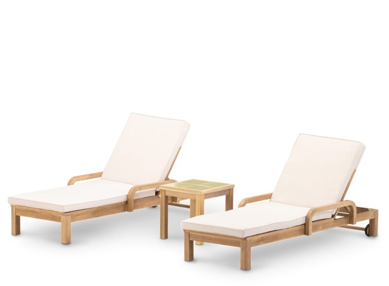 Ensemble de 2 chaises longues et table basse en céramique vert clair 45×45 – Riviera & Ceramik