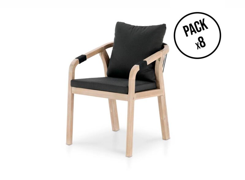 Confezione da 8 sedie in legno e corda con cuscini neri – zanzibar