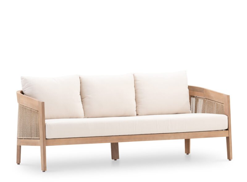 Beige 3 seater wood and rope garden sofa – Lucca