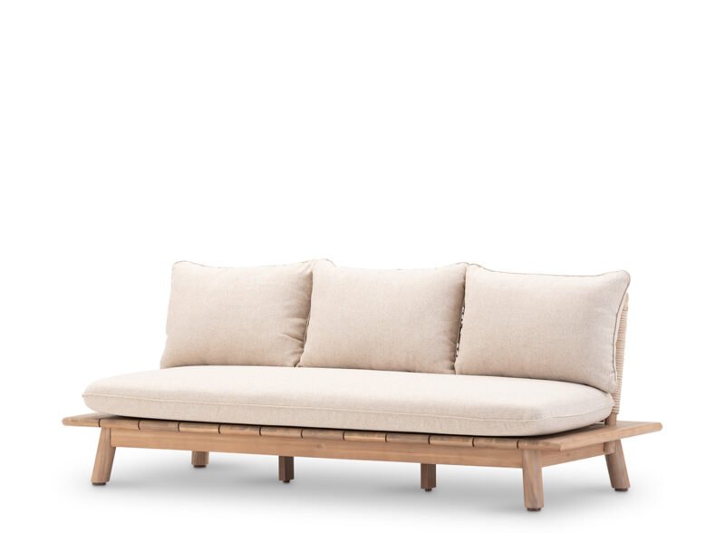 Beigefarbenes 3-Sitzer-Gartensofa unter Holz und Seil – Icaria