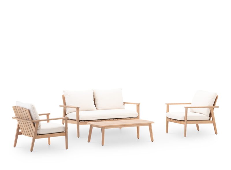 Set aus 4-Sitzer-Gartensofas mit Holz und Kissen – Portland