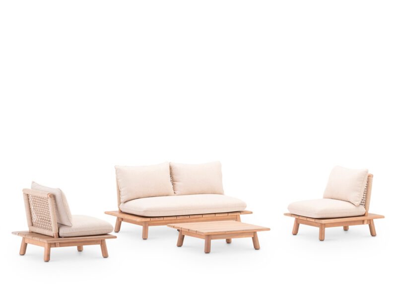 Niedrige 4-Sitzer-Gartengarnitur aus Holz und Beige – Icaria