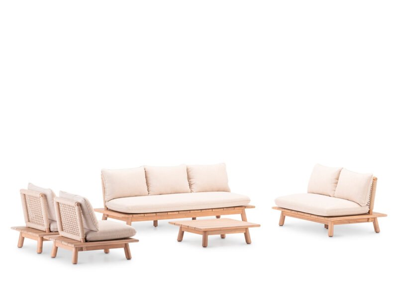 Niedrige 7-Sitzer-Gartengarnitur aus Holz und Beige – Icaria