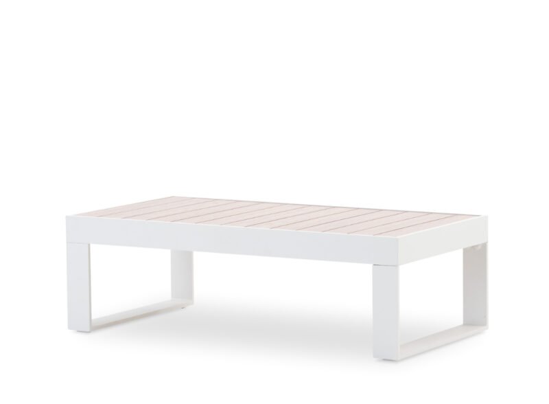 Mesa baja de exterior blanca y aluminio imitación madera – Kioto