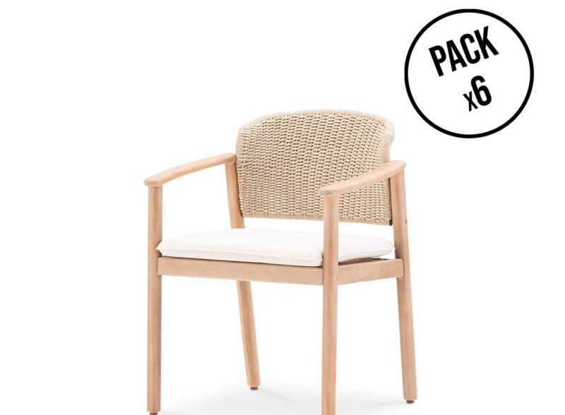 Pack de 6 chaises de jardin en bois beige et corde – Brera