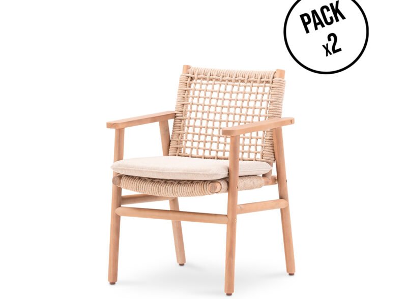 Pack de 2 sillas de jardín madera y cuerda beige – Icaria