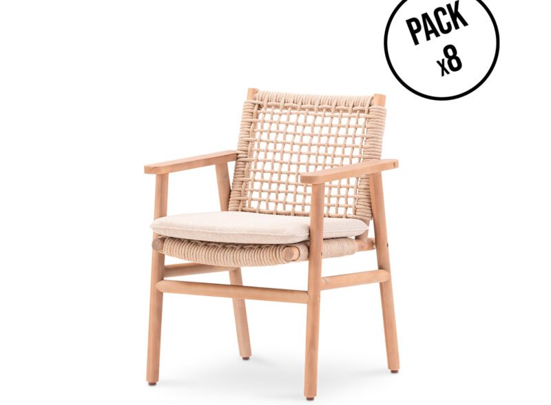 Pack de 8 chaises de jardin en bois et corde beige – Icaria