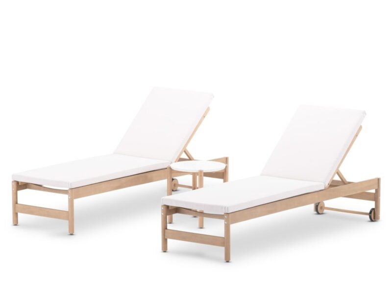 Pack 2 sun loungers with wheels textilene wood and cushions raw – Sicily