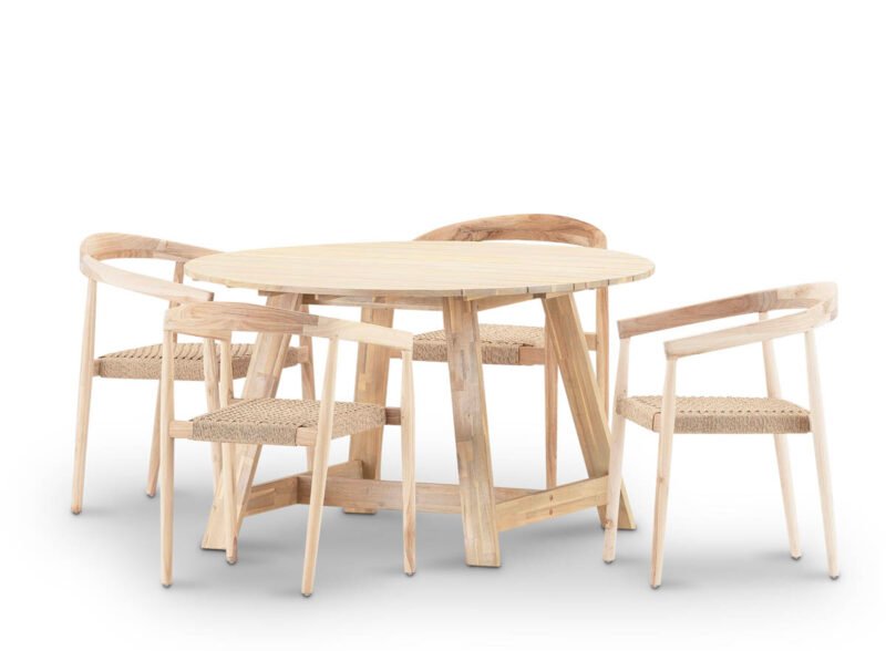 Ensemble de salle à manger de jardin 4 places, table ronde en bois D130 et fauteuil empilable – Java & Modena