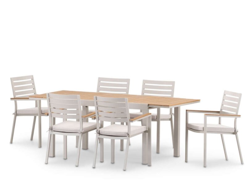 Conjunto mesa jardín 200/140×90 cm y 6 sillas aluminio beige – Osaka