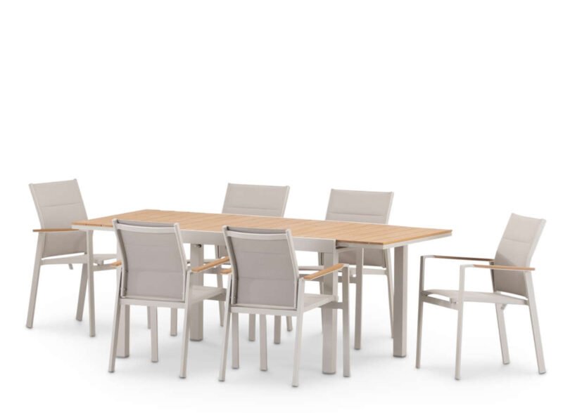 Table de jardin 200/140×90 cm et 6 chaises en aluminium blanc et textilène rembourré – Osaka (copia)