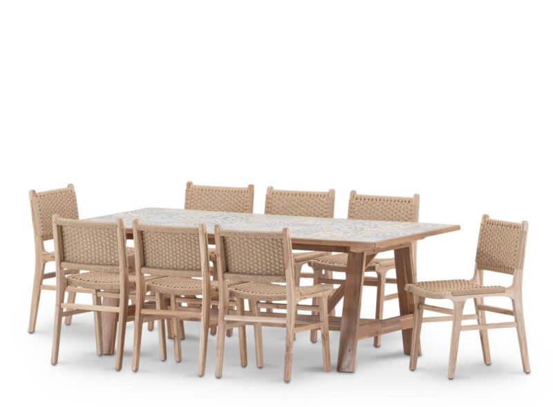 Conjunto comedor de jardín cerámica hidráulica y ratán 8 plazas – Ceramik | Módena