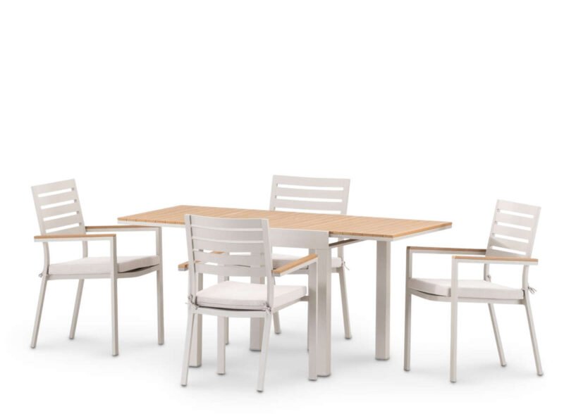 Conjunto mesa jardín 160/80×80 cm y 4 sillas aluminio beige – Osaka