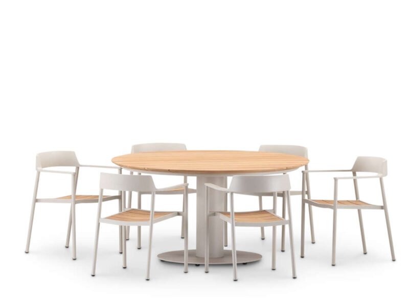 Set round table and 6 chairs aluminum and teak – Vermont & Bolzano