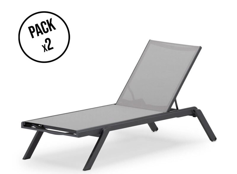 Pack of 2 textilene and anthracite aluminum garden loungers – Nagano