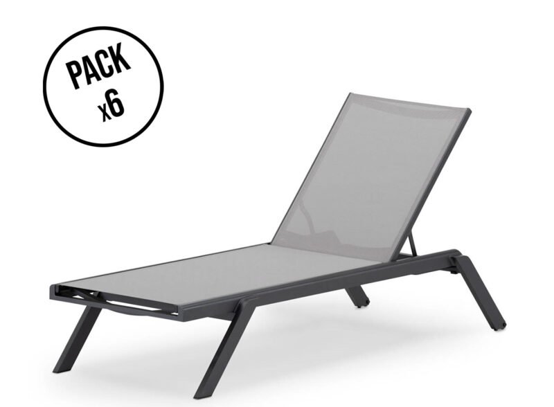 Pack of 6 textilene and anthracite aluminum garden loungers – Nagano