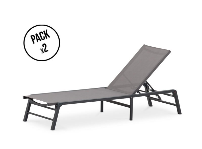 Pack de 2 chaises longues pliantes en aluminium et textilène anthracite – Fold