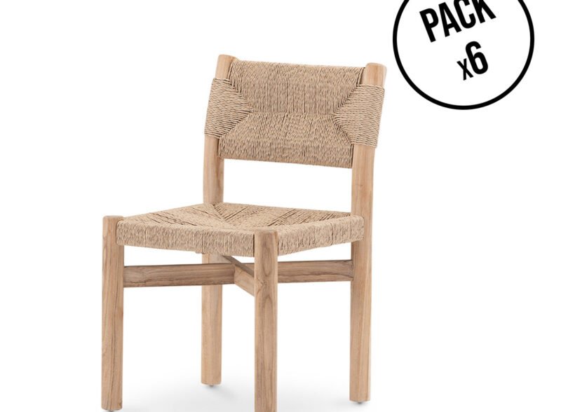 Pack de 6 Sillas de Madera de Teca y Ratán color Natural – Siwa